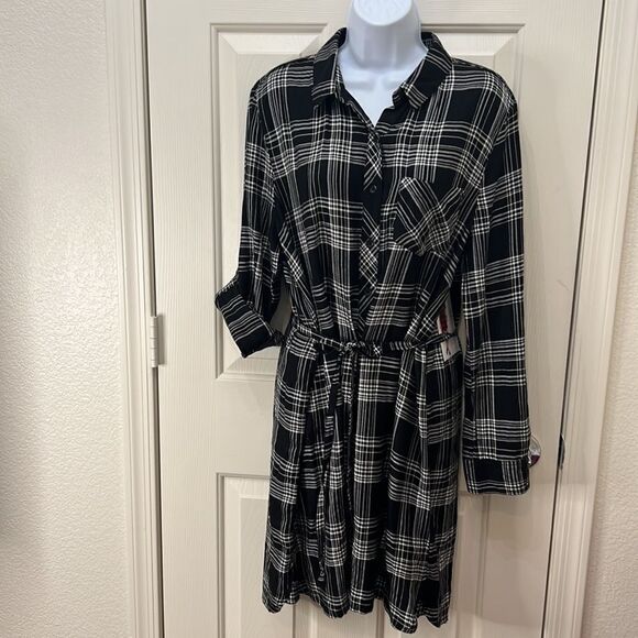 BLL Nyc Woman’s Large Black White Plaid Dress Button Front Tie Belt Pocket New - Picture 2 of 11